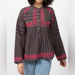 IVY JANE chocolate brown & pink Embroidered Stripe Shirt/Jacket blouse NWT